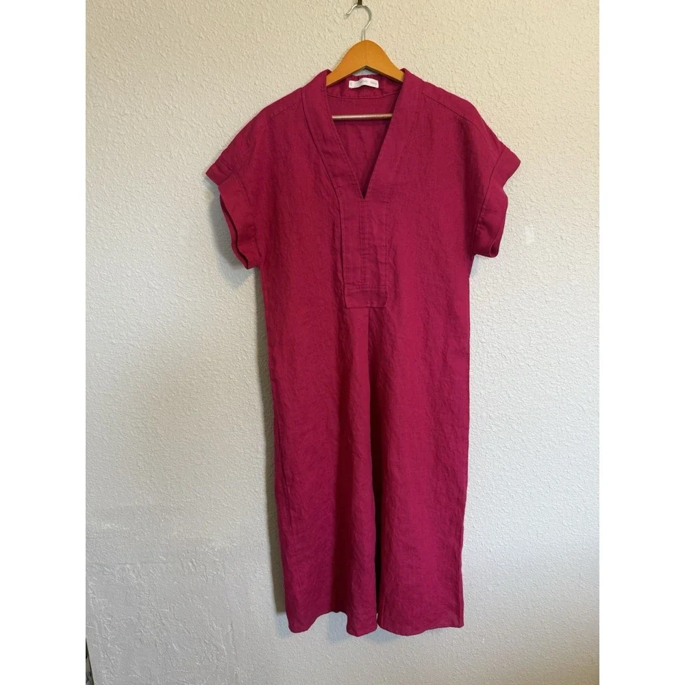 Mango MNG 100% Linen Dress MIDI Fuchsia Pink Sz Small Coastal Shift Casual
